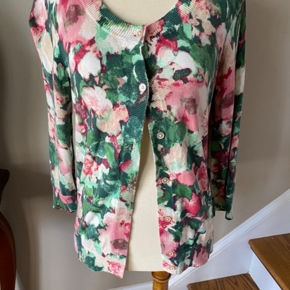 Talbots Water Color Floral Green Pink Cardigan  XS - Picture 7 of 9